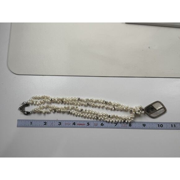 LUC Sterling Silver Necklace Double Strand 18.5" Real Pearl Abalone MOP Pendant - Picture 2 of 11
